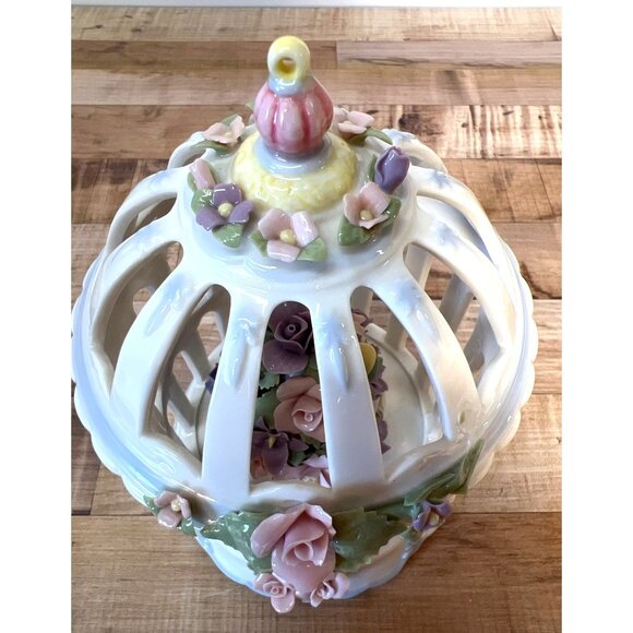 Porcelain Birdcage Music Box With Hand-Painted Floral Details & Intricate Design - Picture 4 of 6